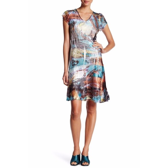 Komarov Petite Crinkle Short Sleeve Lace Inlay Mini Dress Multicolor PS - Picture 4 of 11